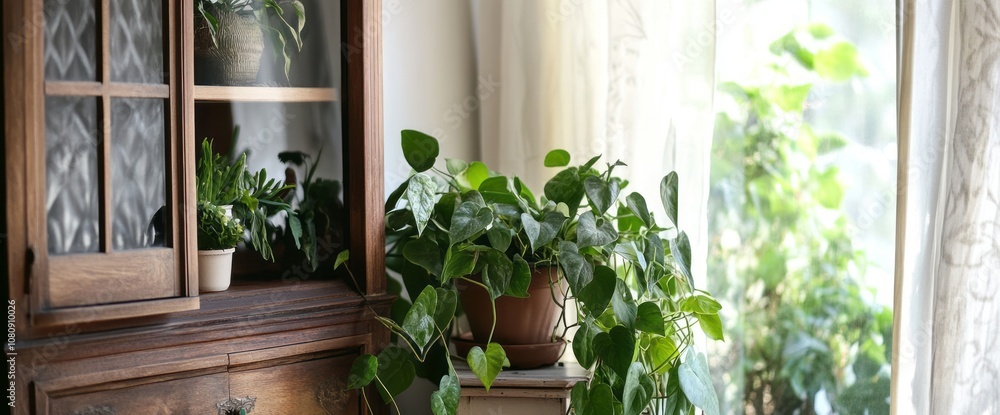 A potted plant with heart-shaped leaves sits near a window and a wooden cabinet. A potted plant with heart-shaped leaves sits near a window and a wooden cabinet.