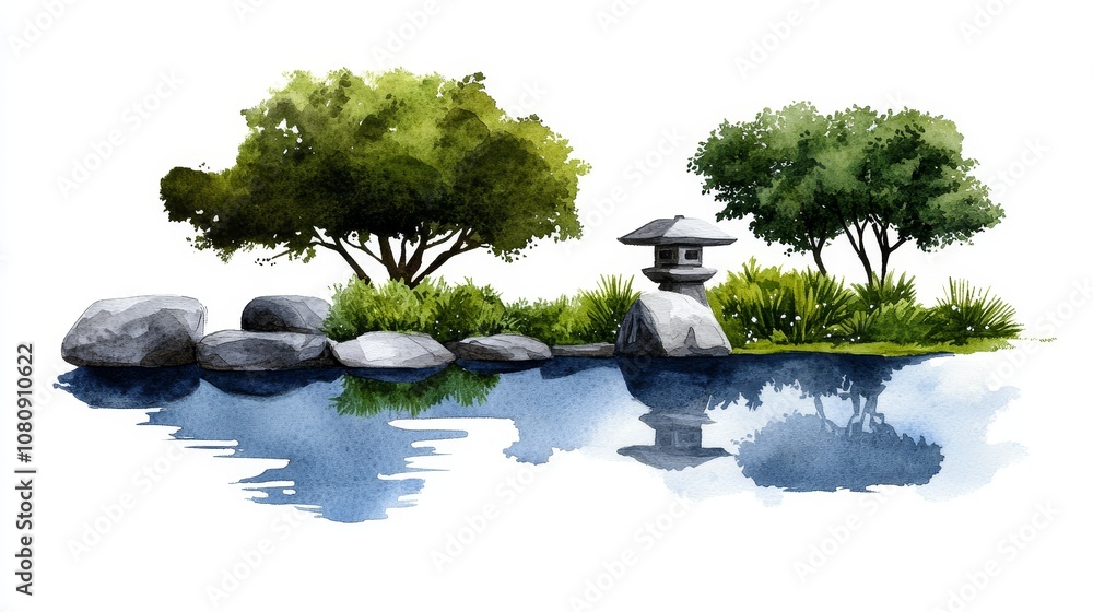 Naklejka premium Serene Japanese Garden Watercolor Painting of Pond Stone Lantern Trees Rocks