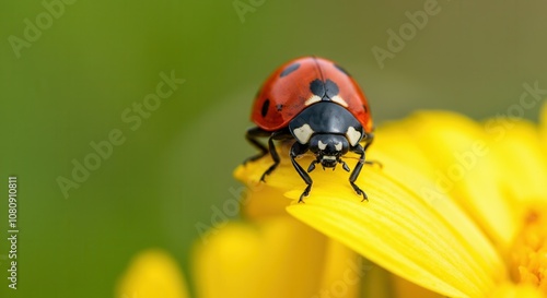 Vibrant ladybug perched on sunlit yellow flower petal