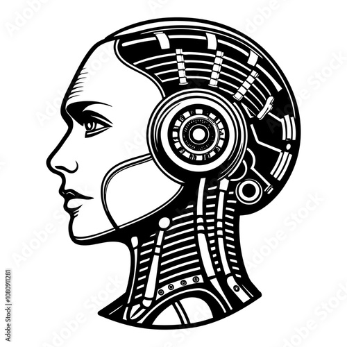 Mechanical cyborg female head with exposed wires, circuits, and gears demonstrates advanced robotic engineering and artificial intelligence