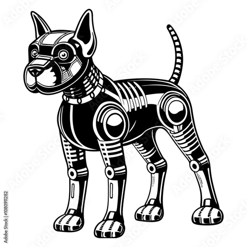 Robot dog standing on four paws, showing futuristic artificial intelligence technology, depicted in a black and white vector illustration