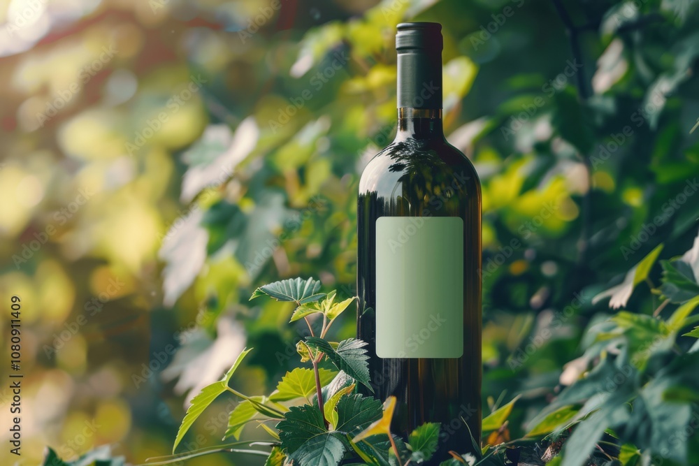 Obraz premium An Elegant Green-Bottled Wine Nestled Among Vibrant Foliage in a Natural Setting, Ideal for Ecological and Beverage-Related Projects