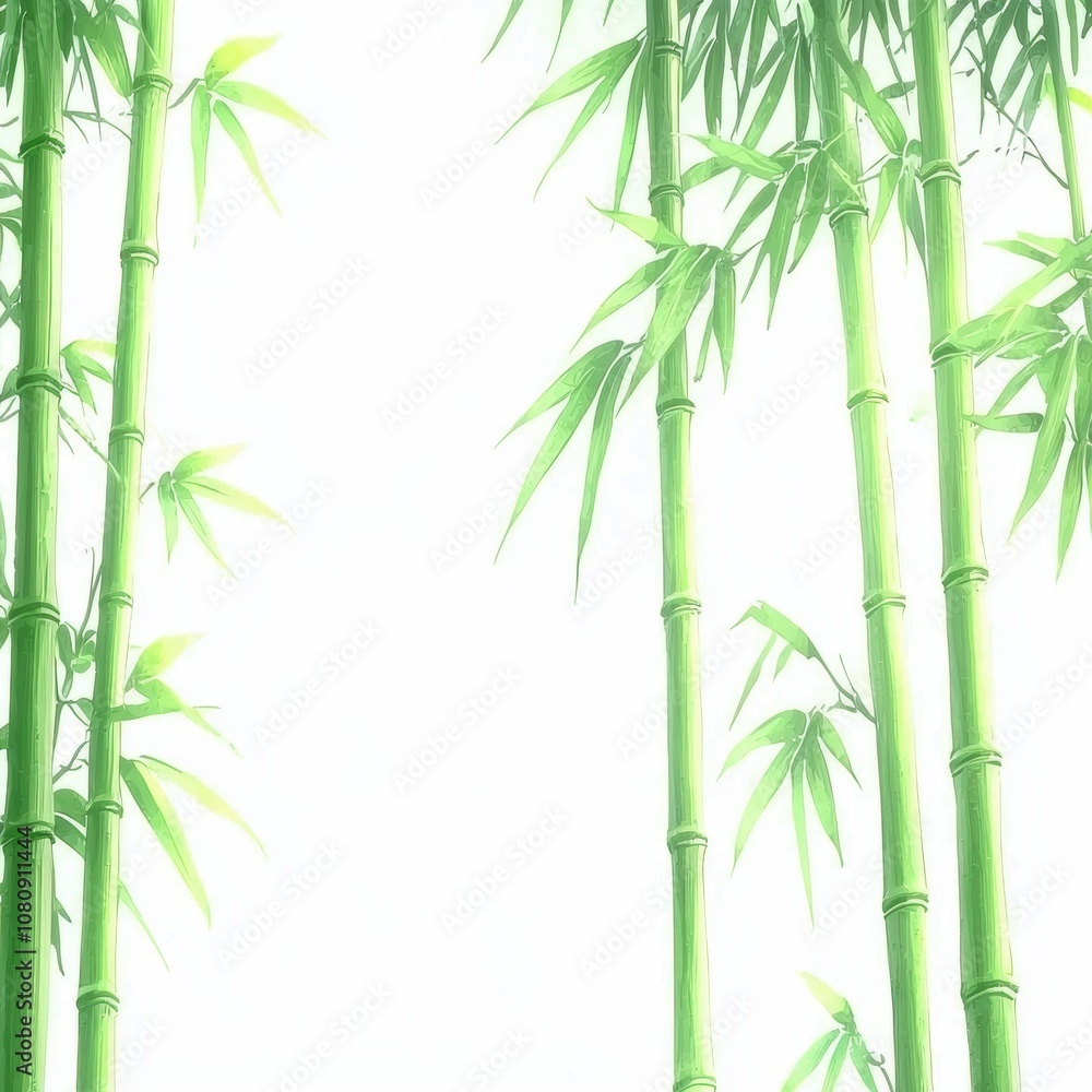 Naklejka premium Lush Green Bamboo Stalks Reaching Towards Bright Sky with Soft Natural Light Illuminating the Fresh Foliage in a Serene Environment
