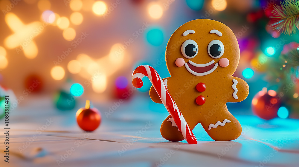 Obraz premium A smiling 3D gingerbread cookie with big, expressive eyes, holding a red and white candy cane.
