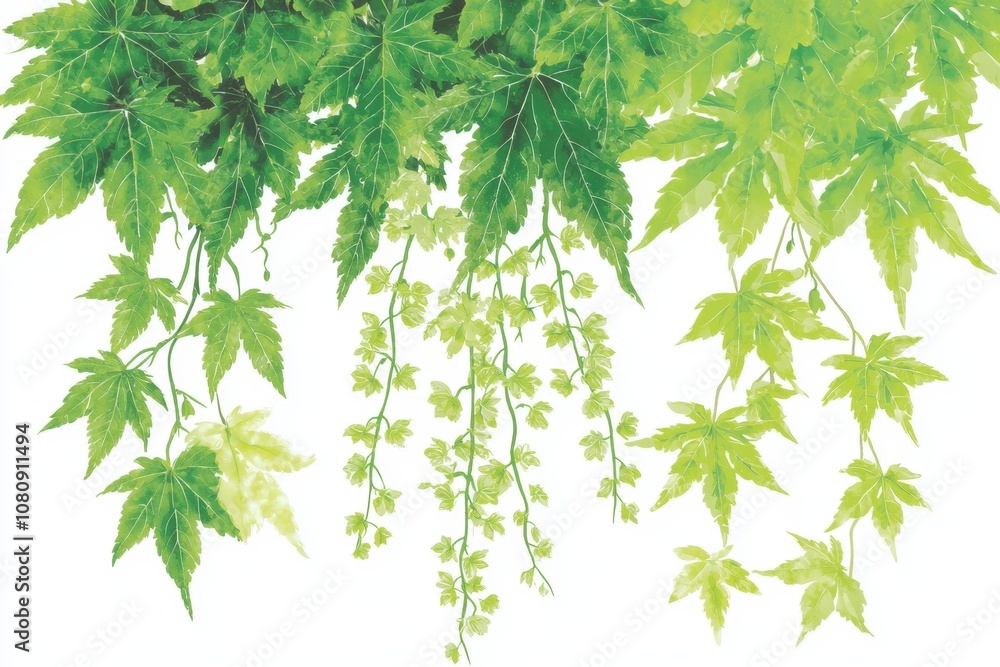 Lush Green Leaves with Various Shapes and Textures Hanging from Above Against a Clean White Background for Nature or Decoration Themes Lush Green Leaves with Various Shapes and Textures Hanging from Above Against a Clean White Background for Nature or Decoration Themes