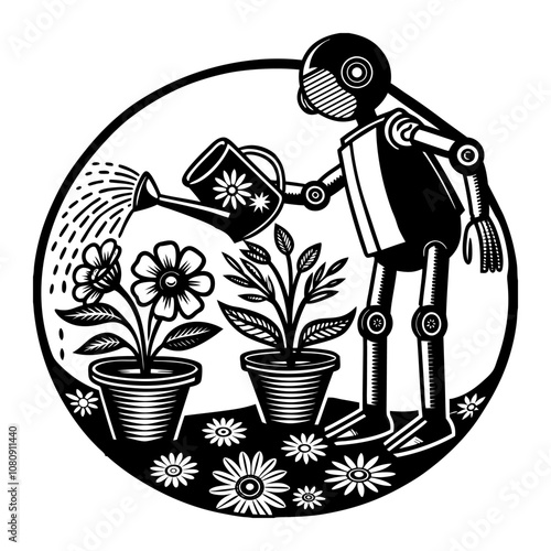 Stylized illustration presents a futuristic robot delicately watering potted flowers within a circular frame, showcasing the intersection of technology and nature