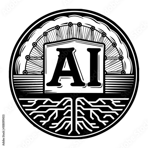 Circular black and white logo with ai letters, neural network, and digital brain symbolizing artificial intelligence and machine learning