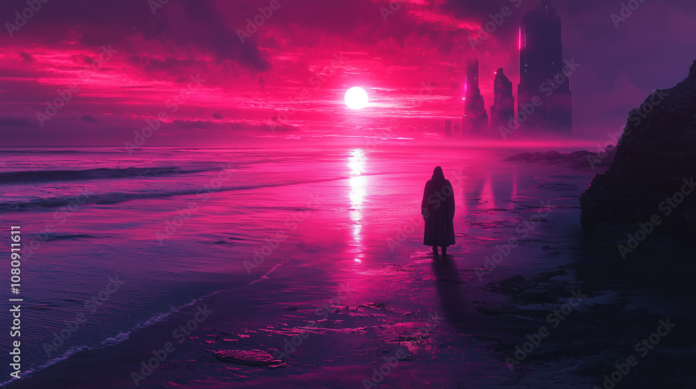 Mysterious figure on a vibrant pink beach at sunset, distant futuristic cityscape shrouded in mist Mysterious figure on a vibrant pink beach at sunset, distant futuristic cityscape shrouded in mist