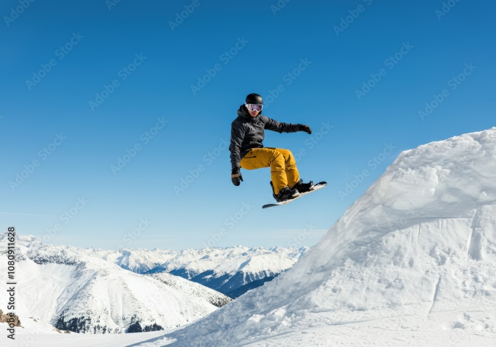 Snowboarder in mid-air over mountain range Snowboarder in mid-air over mountain range