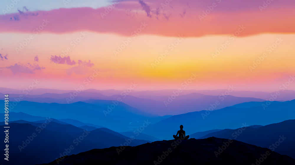 A peaceful scene of a person sitting cross-legged, meditating on a mountaintop at sunrise. A peaceful scene of a person sitting cross-legged, meditating on a mountaintop at sunrise.