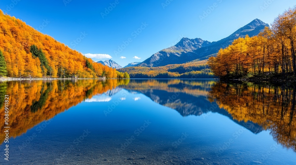 Fototapeta premium Autumnal Lake Serenity Mountain Reflection Fall Foliage Clear Water
