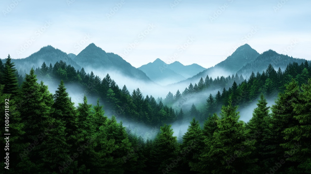 Fototapeta premium Misty Mountain Forest Landscape Serenity Nature Peace