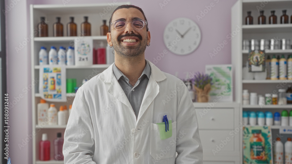 Smiling man wearing white coat standing indoors in a pharmacy with products on shelves in the background Smiling man wearing white coat standing indoors in a pharmacy with products on shelves in the background