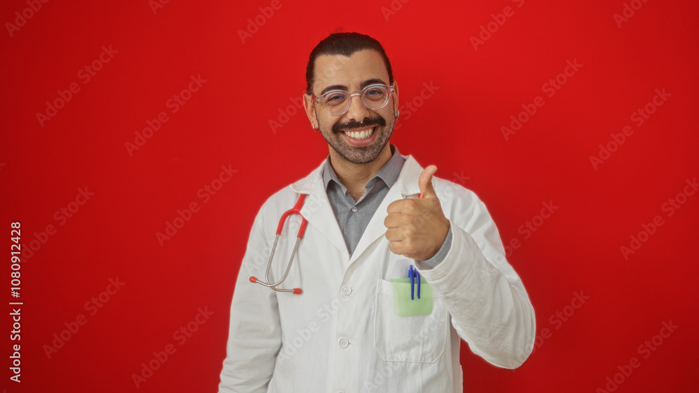 Young hispanic man with moustache wearing glasses and stethoscope smiles and gives thumbs up isolated against red background Young hispanic man with moustache wearing glasses and stethoscope smiles and gives thumbs up isolated against red background