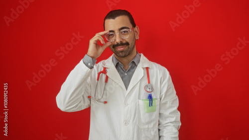 Hispanic male doctor in white coat with stethoscope smiles confidently against an isolated red background adjusting his glasses.