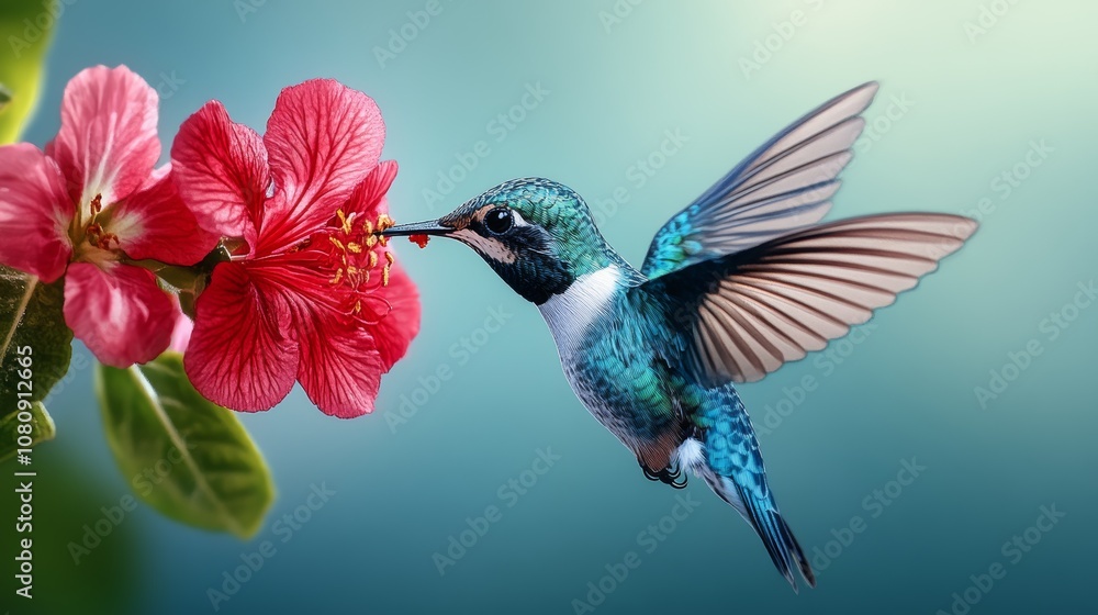 Fototapeta premium Hummingbird Feeding on Red Flower Nature Beauty Wildlife Photography