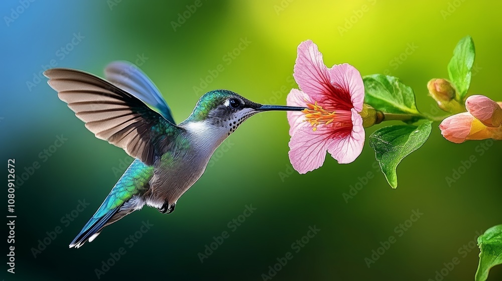 Naklejka premium Hummingbird Feeding on Pink Flower Nature Wildlife Bird Bloom