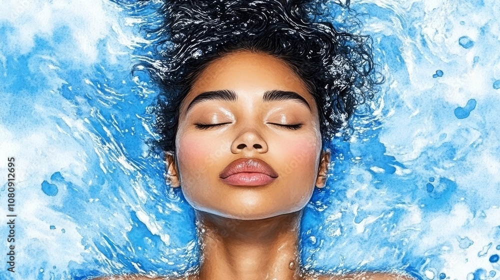 Serene Woman in Blue Water Spa Relaxation Beauty Portrait Serene Woman in Blue Water Spa Relaxation Beauty Portrait