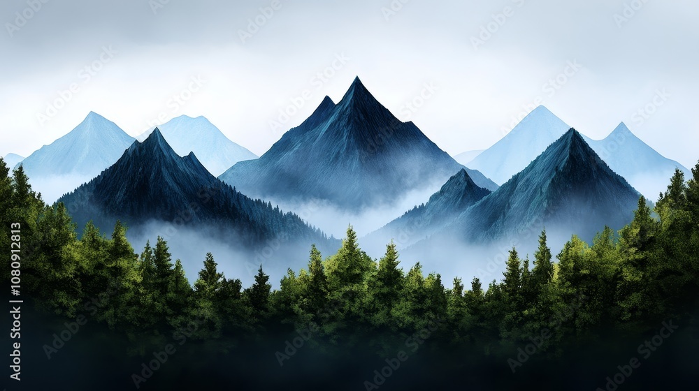 Fototapeta premium Serene Misty Mountain Landscape Forest Peaks Nature Scene