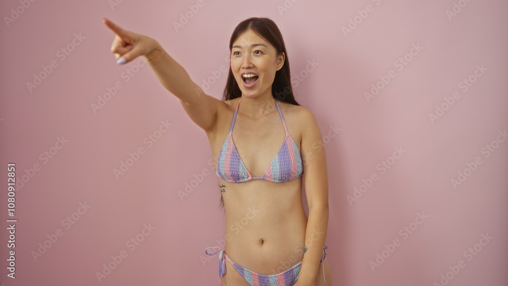 Young chinese woman in a bikini pointing and smiling against an isolated pink background, creating an attractive and cheerful scene. Young chinese woman in a bikini pointing and smiling against an isolated pink background, creating an attractive and cheerful scene.