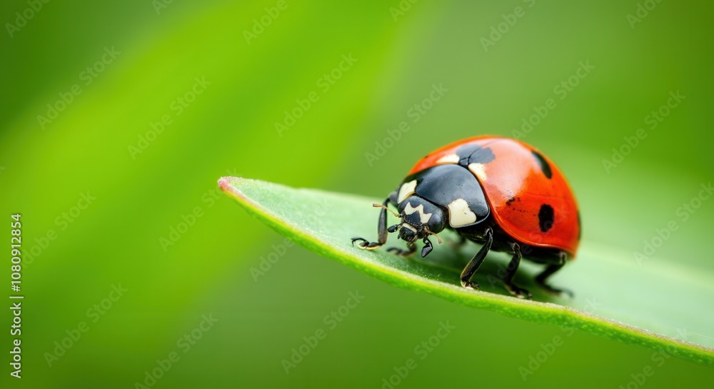 Ladybug perched on vibrant green leaf in nature Ladybug perched on vibrant green leaf in nature
