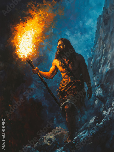 The Gift of Fire to Mankind - caveman, torch, fire, adventure, prehistoric, ancient, darkness, exploration, wilderness, survival, cave, male, strength, tribal, hunter