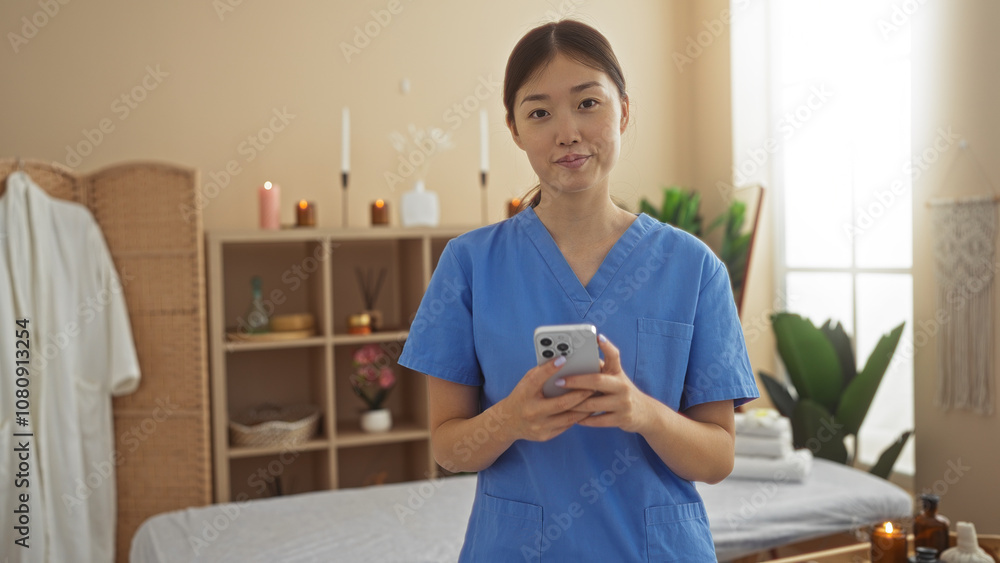 Woman with phone in a blue uniform standing in a wellness spa with candles and plants in a calm indoor setting Woman with phone in a blue uniform standing in a wellness spa with candles and plants in a calm indoor setting