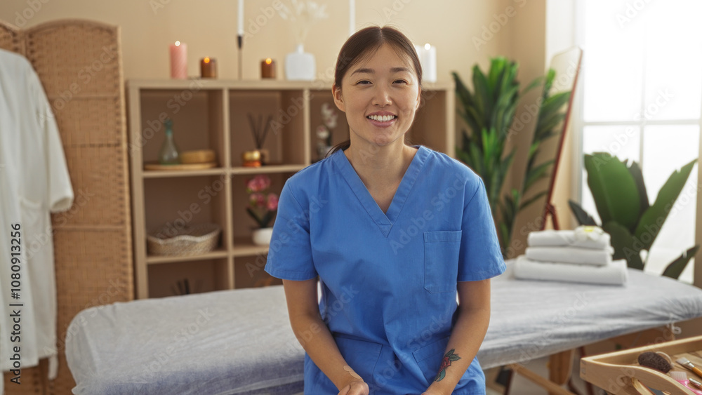 Young chinese woman in blue scrubs smiling at a spa salon with candles and plants in the background Young chinese woman in blue scrubs smiling at a spa salon with candles and plants in the background