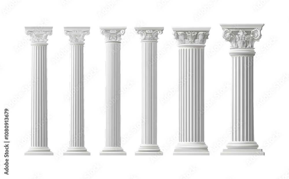 Set of architectural white columns on a transparent background. isolated background. Set of architectural white columns on a transparent background. isolated background.