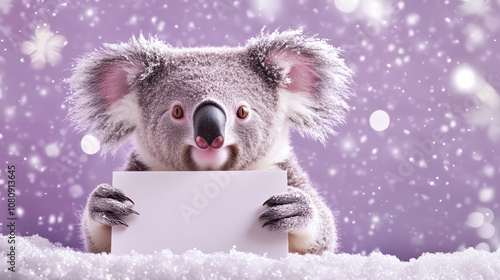 Cute friendly koala bear holding a rectangular mockup piece of paper in its paws on a pastel purple Christmas background with snowflakes.

 photo