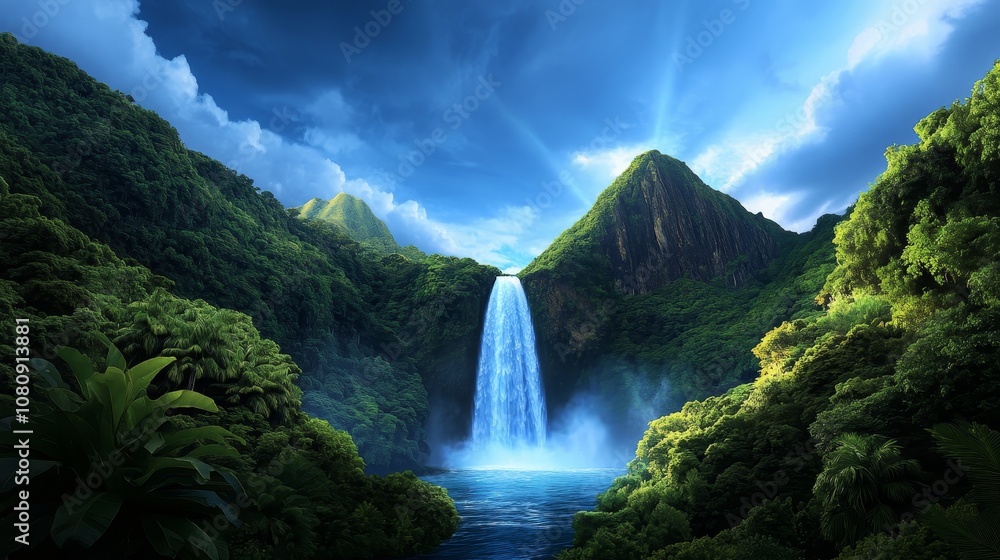 Fototapeta premium Lush Tropical Waterfall Landscape Serenity Nature Paradise