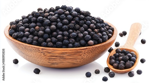 Black seeds in a wooden bowl and spoon isolated on a white background, showcasing their round shape and rich color for culinary or health-related themes