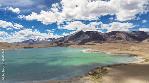 Aerial drone shot of tso moriri lake captured suring sunrise in ladakh. High altitide lake. photo