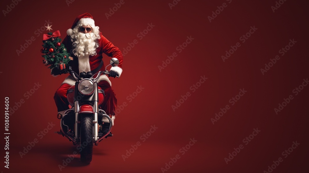 Fototapeta premium Santa rides motorbike with festive tree, holiday cheer