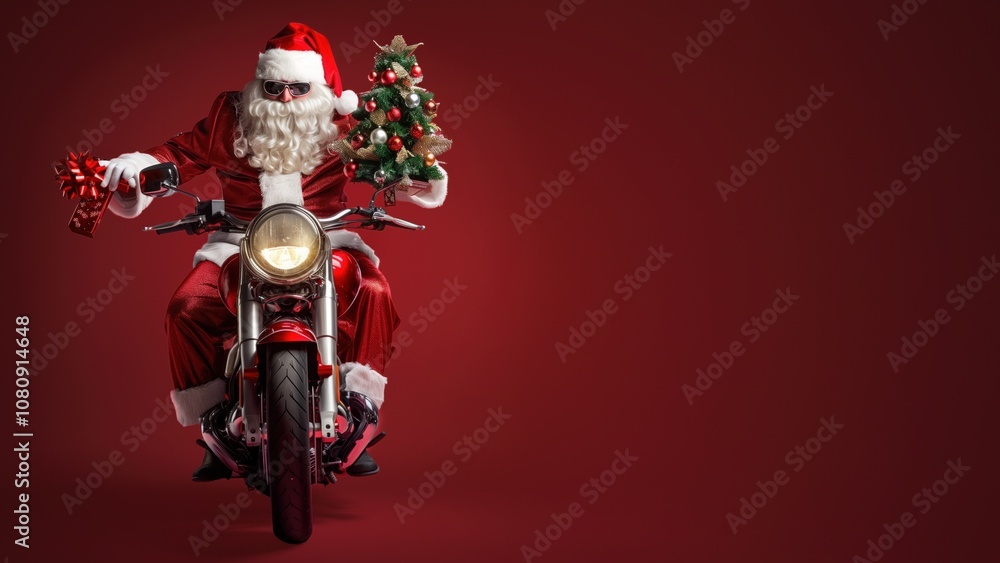 Fototapeta premium Dressed in his iconic red attire, Santa happily rides a shiny motorcycle, accompanied by a small decorated Christmas tree, set against a lively red background.
