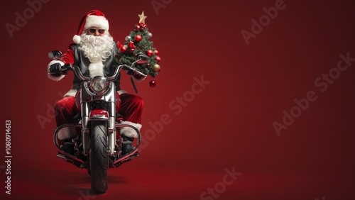 Christmas adventure: Santa on motorbike with tree photo