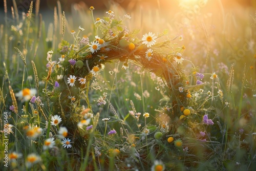 Summer Wreath. Rustic Wildflowers Crown on Sunny Meadow with Copy Space for Text