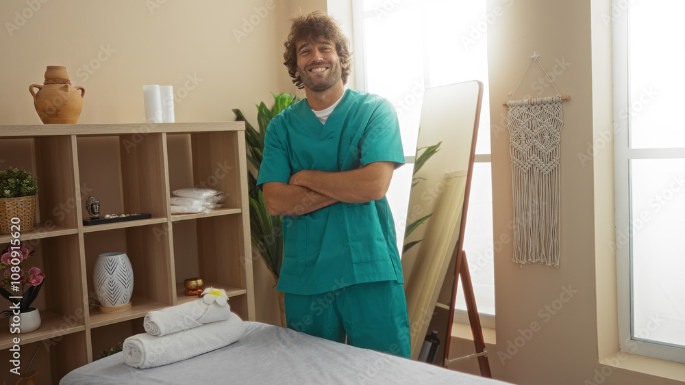 Young man standing with arms crossed in a spa room with a massage table, shelves, and decor, conveying a calm wellness environment Young man standing with arms crossed in a spa room with a massage table, shelves, and decor, conveying a calm wellness environment