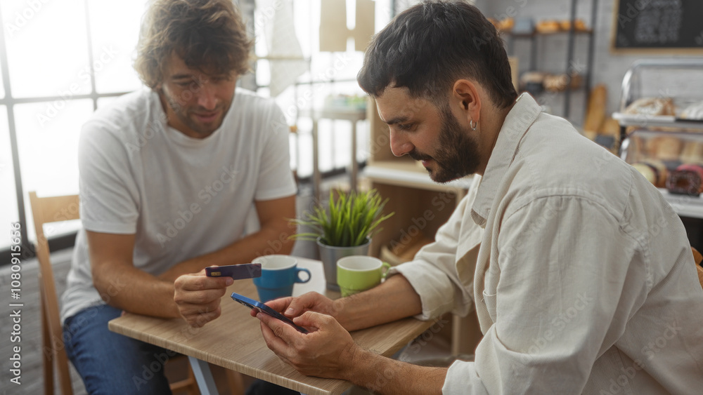 Two men talking and using a credit card and smartphone inside a bakery or cafe, emphasizing their friendship and the indoor setting with coffee cups and pastries in the background Two men talking and using a credit card and smartphone inside a bakery or cafe, emphasizing their friendship and the indoor setting with coffee cups and pastries in the background