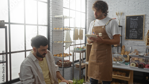 Man ordering at bakery counter as male baker in apron takes note, surrounded by shelves of pastries and cakes in bright interior