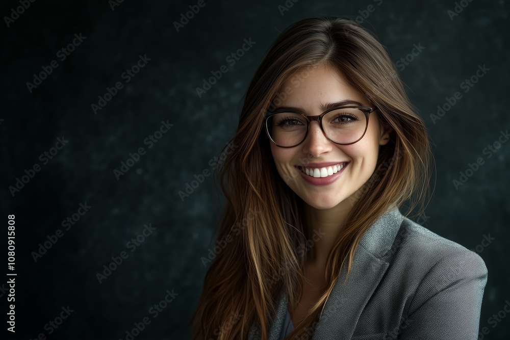 Fototapeta premium Professional portrait of a confident businesswoman in stylish glasses, showcasing beauty, elegance, and determination in a modern work environment, embodying career success and motivation