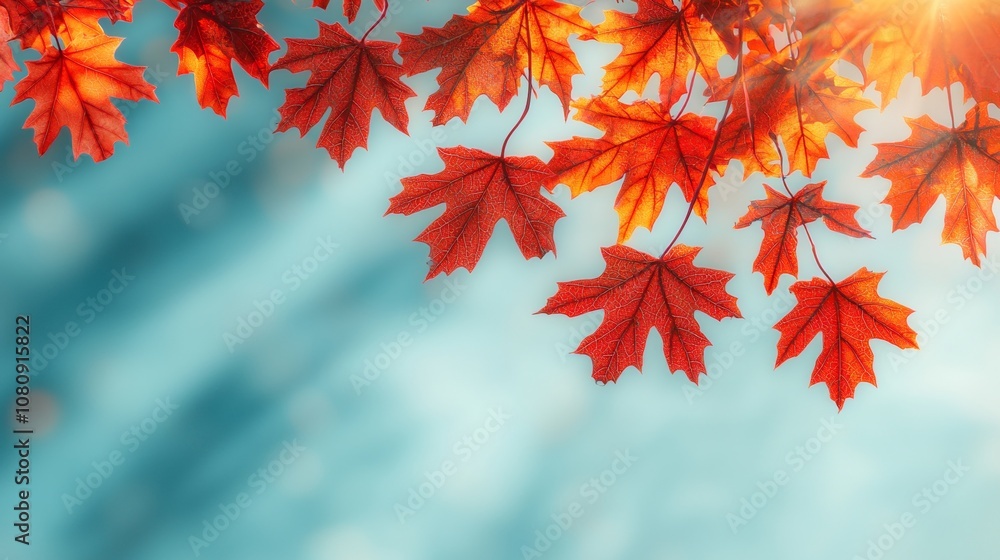 Red maple leaves on a blue blurry background with a sun flare. Red maple leaves on a blue blurry background with a sun flare.
