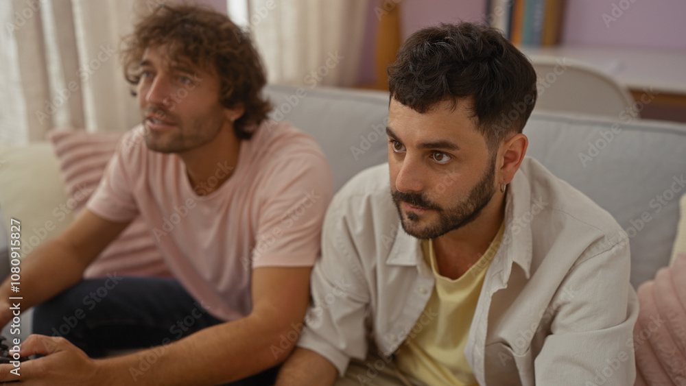 Two men sitting together on a couch in a cozy living room, intently focused on something ahead, suggesting a moment of bonding and shared activity. Two men sitting together on a couch in a cozy living room, intently focused on something ahead, suggesting a moment of bonding and shared activity.
