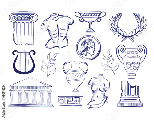 Collection of ancient Greek symbols and artifacts columns, amphorae, busts, laurel wreaths, lyre outline. Flat vector illustration isolated on background. Greek culture and history architecture