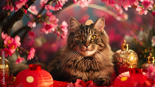 Adorable fluffy domestic cat resting comfortably among twinkling Christmas ornaments and festive pine branches  The feline s cozy expression and bright alert eyes create a charming festive scene photo