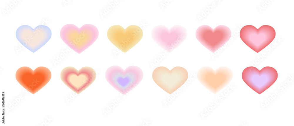 Set of Blurred heart shape in y2k style. Gradient trendy love element for greeting card and poster for Valentines Day.