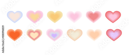 Set of Blurred heart shape in y2k style. Gradient trendy love element for greeting card and poster for Valentines Day.