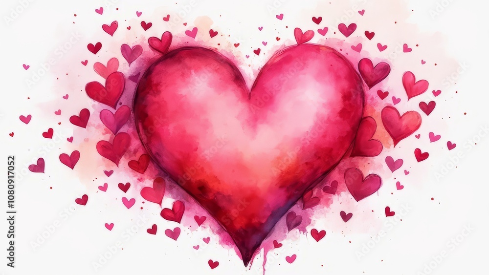 Obraz premium Watercolor postcard of a large pink heart and many small hearts on a white background. Congratulations on Valentine's Day.