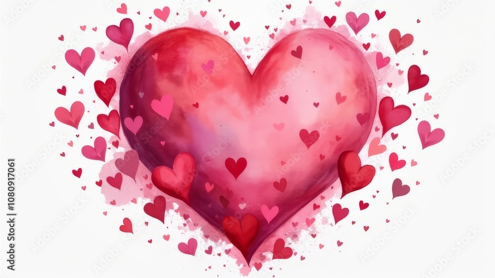 Watercolor postcard of a large pink heart and many small hearts on a white background. Congratulations on Valentine's Day. Watercolor postcard of a large pink heart and many small hearts on a white background. Congratulations on Valentine's Day.
