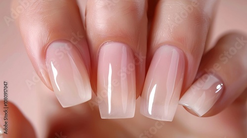 Close up of a woman s hands with perfectly manicured nails painted in a soft pale pink nail polish  The nails have a clean shiny and well groomed appearance photo